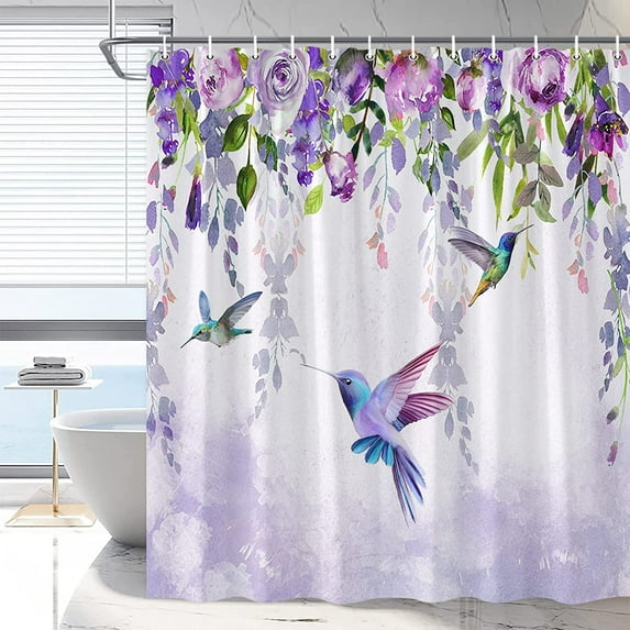 Hummingbird Shower Curtain Purple Floral Bathroom Curtains Wisteria Flower Blossom Weeping Vine Green Leaves Rustic Nature Plant Farmhouse Bathtub Decor with Hooks 84 x 70 in