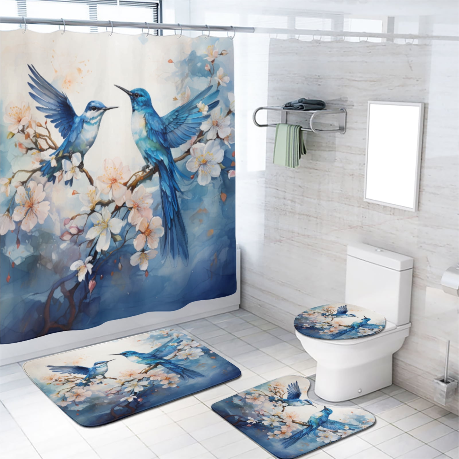 Hummingbird Shower Curtain Set Spring Watercolour Blue Floral Garden with Non-Slip Rugs, Toilet Lid Cover and Bath Mat, Durable and Waterproof, for Bathroom Decor Set, 72x72 Inch