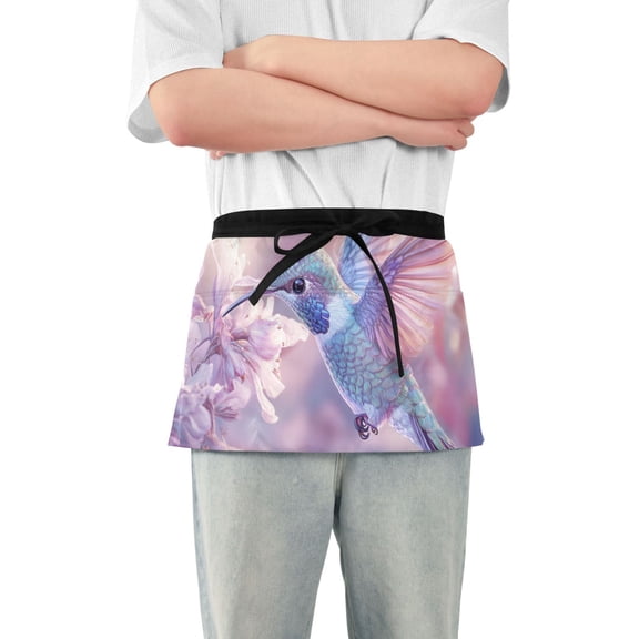 Hummingbird Sipping Nectar From Flowers Short Server Apron with 3 Pockets for Unisex Chef Gardening