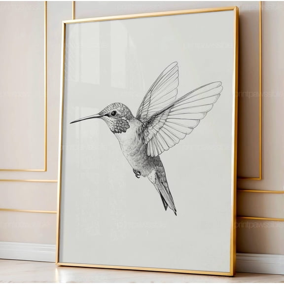 Hummingbird Sketch Bird Printable Wall Art Spring Home Decor Black White Drawing Unframed Paper Print