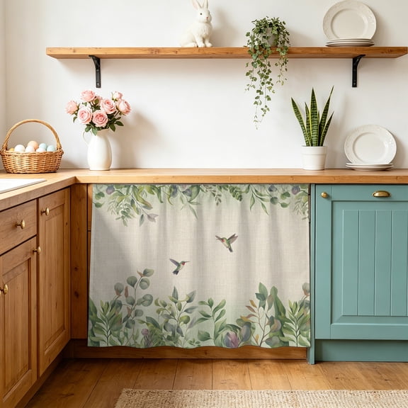 Hummingbird Small Sink Skirt 10"Wx11"L,Dustproof Under Sink Curtain with Self Adhesive Tape,Sage Green Botanical Leaf Vintage Botanical Cabinet Curtain Cover for Bathroom Vanity,Kitchen Storage Shelf