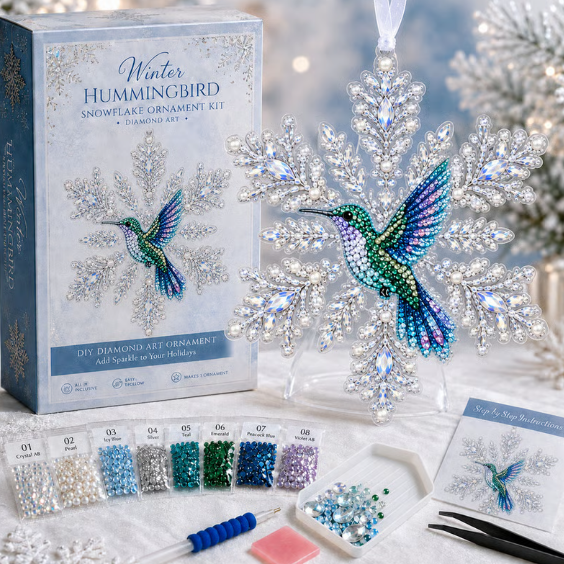Hummingbird Snowflake Diamond Ornament Kit Beginner DIY Winter Craft Kit Complete Tools Sparkling Crystals Pearls for Christmas Hanging Decor Religious Holiday Handmade Gift for Family Friends