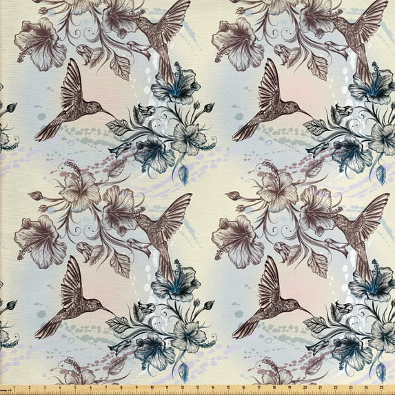 Ambesonne Nature Fabric by the Yard Upholstery, Birds Hibiscus Flowers, 3 Yards, Teal Brown