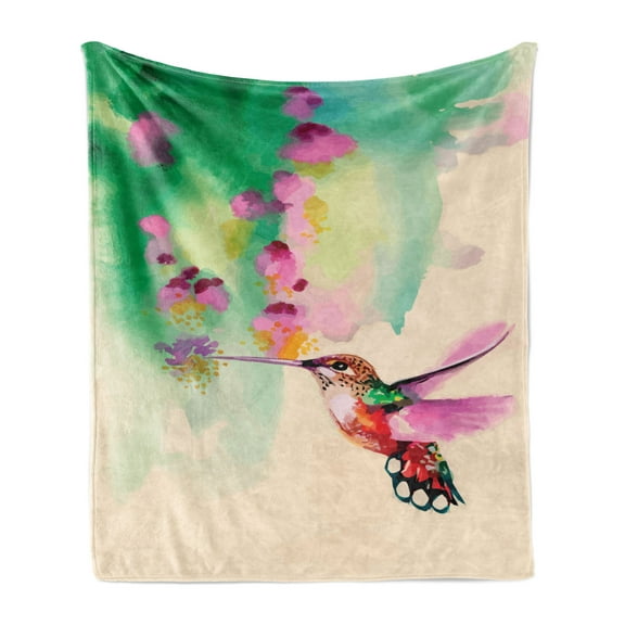 Hummingbird Soft Flannel Fleece Blanket, Art with Colibri Bird and Flowers Romantic Springtime Tropics Nature Theme, Cozy Plush for Indoor and Outdoor Use, 50" x 70", Green Fuchsia, by Ambesonne