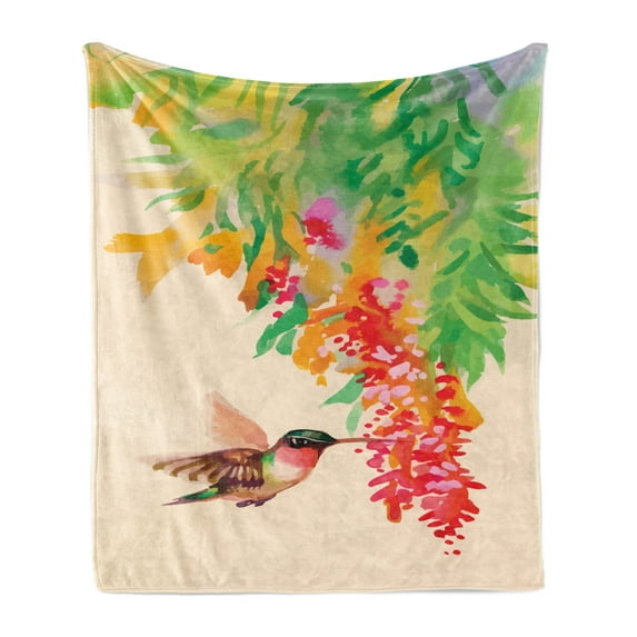 Hummingbird Soft Flannel Fleece Blanket, Image of Colibri Bird and Flowers Exotic Tree Bloom in Watercolor Effect, Cozy Plush for Indoor and Outdoor Use, 50" x 60", Green Red Beige, by Ambesonne