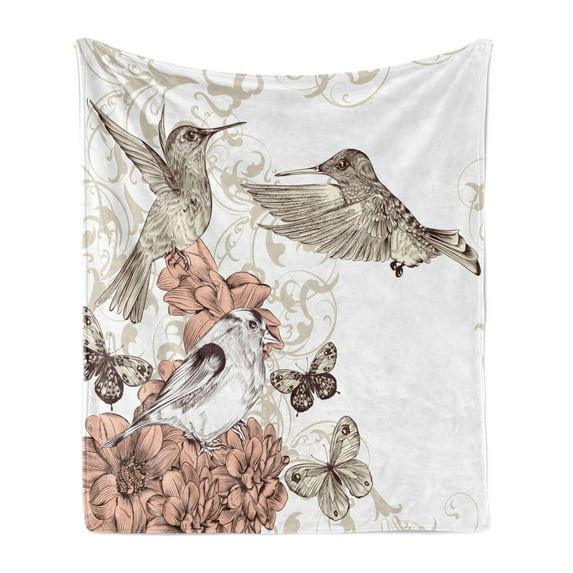Hummingbird Soft Flannel Fleece Blanket, Vintage Style Artwork with Birds Butterflies on Blossoms Ornamental Background, Cozy Plush for Indoor and Outdoor Use, 50" x 70", Brown Tan, by Ambesonne