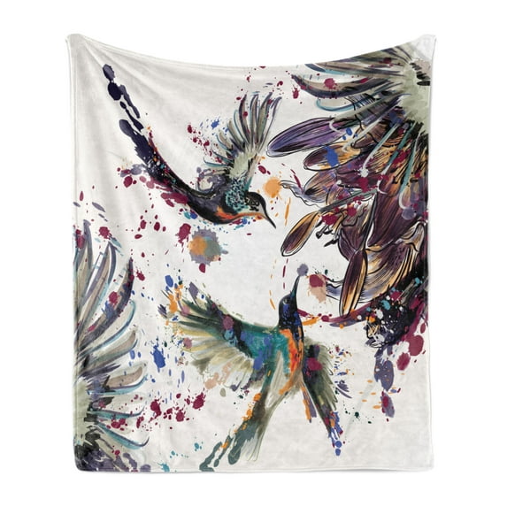 Hummingbird Soft Flannel Fleece Throw Blanket, Art Lily Flowers Birds and Color Splashes in Watercolor Painting Style, Cozy Plush for Indoor and Outdoor Use, 50" x 70", Orange and Blue, by Ambesonne