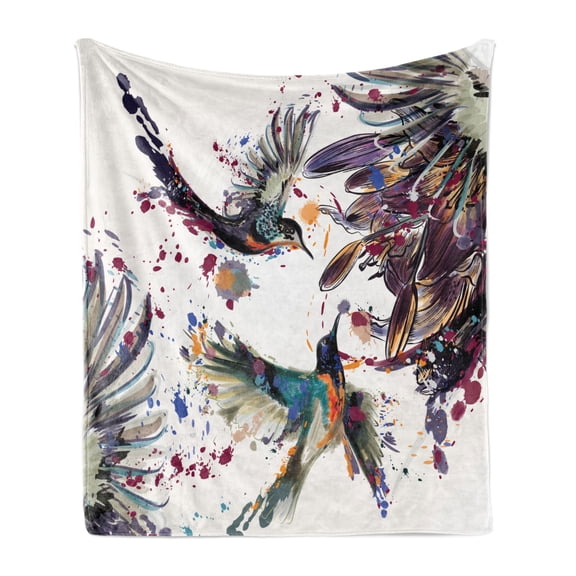 Hummingbird Soft Flannel Fleece Throw Blanket, Art Lily Flowers Birds and Color Splashes in Watercolor Painting Style, Cozy Plush for Indoor and Outdoor Use, 60" x 80", Orange and Blue, by Ambesonne