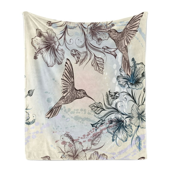 Hummingbird Soft Flannel Fleece Throw Blanket, Birds and Hibiscus Flowers Nostalgia Antique Design Classical Print, Cozy Plush for Indoor and Outdoor Use, 60" x 80", Teal Brown, by Ambesonne