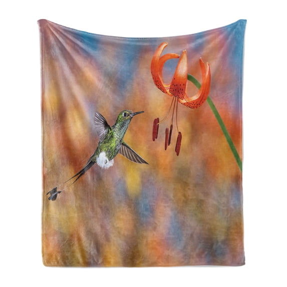 Hummingbird Soft Flannel Fleece Throw Blanket, Booted Racket Tail Feeding Nectar from Tiger Lily Blur Background Photo, Cozy Plush for Indoor and Outdoor Use, 50" x 60", Orange Green, by Ambesonne