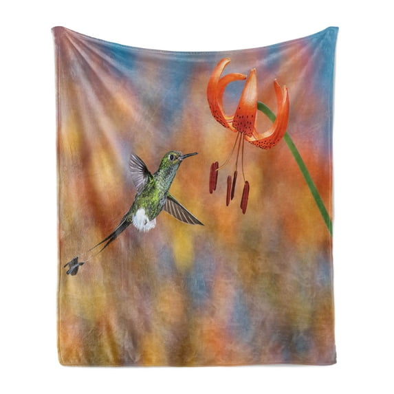 Hummingbird Soft Flannel Fleece Throw Blanket, Booted Racket Tail Feeding Nectar from Tiger Lily Blur Background Photo, Cozy Plush for Indoor and Outdoor Use, 60" x 80", Orange Green, by Ambesonne