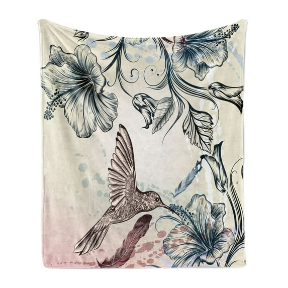 Hummingbird Soft Flannel Fleece Throw Blanket, Floral Art in Vintage Style Bird Hibiscus Flowers and Feathers, Cozy Plush for Indoor and Outdoor Use, 50" x 70", Teal Brown, by Ambesonne
