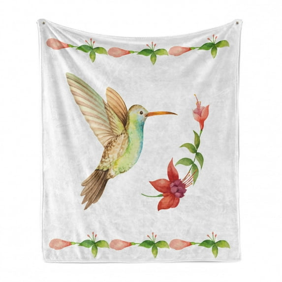 Hummingbird Soft Flannel Fleece Throw Blanket, Hummingbird Flying over a Fuchsia Flower Stem Watercolor Effect Art Print, Cozy Plush for Indoor and Outdoor Use, 50" x 60", Red and Green, by Ambesonne