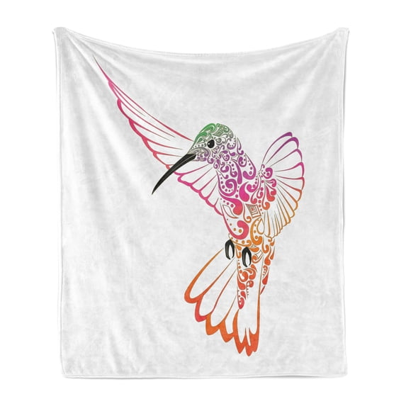 Hummingbird Soft Flannel Fleece Throw Blanket, Ornamental Colorful Zentangle Exotic Bird Animal Illustration, Cozy Plush for Indoor and Outdoor Use, 50" x 60", White and Multicolor, by Ambesonne