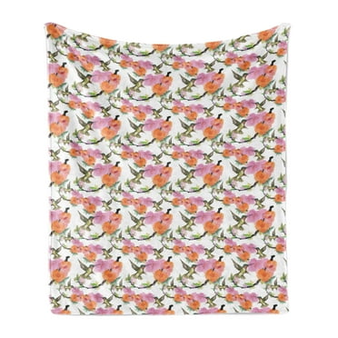 Hummingbird Soft Flannel Fleece Throw Blanket, Watercolor Effect Avian Animals Flying over Fresh Leafy Blossoms on Branches, Cozy Plush for Indoor and Outdoor Use, 60" x 80", Multicolor, by Ambesonne