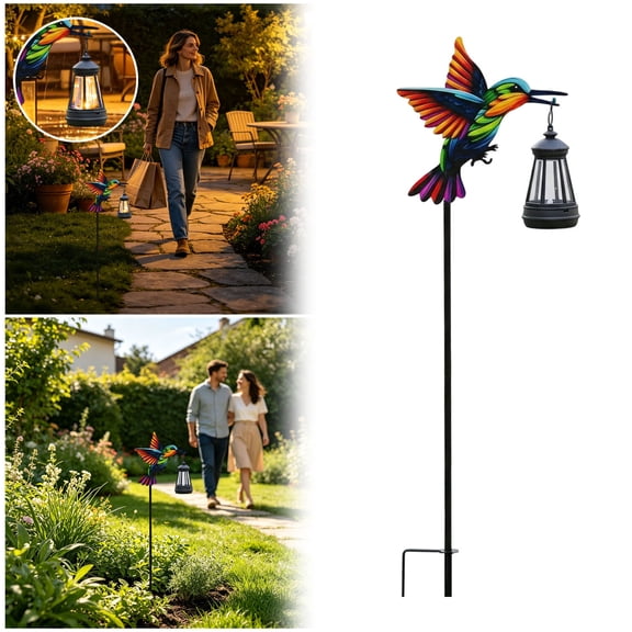 Hummingbird Solar Garden Stake Light 30 Inch Metal LED Lantern Weather Resistant Outdoor Yard Decor for Garden Patio & Walkway Multicolor