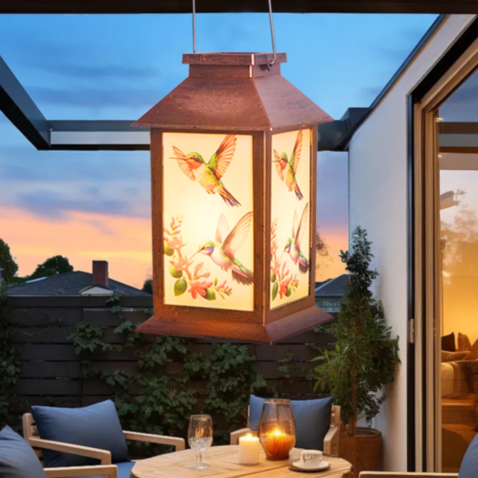 Hummingbird Solar Lantern House - Waterproof Hanging Wind Chimes Garden Lights | Geometric Cutouts, Auto On/Off Warm White for Patio/Yard/Pathway