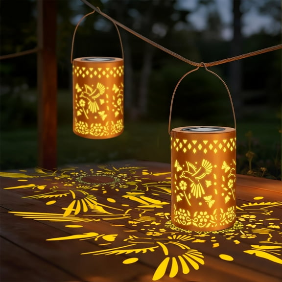 JINTION  2 Pack Solar Outdoor Lantern Lights Waterproof Hanging Metal Decorative Gift for Garden Patio Yard Lawn Tabletop Women Mum Grandma