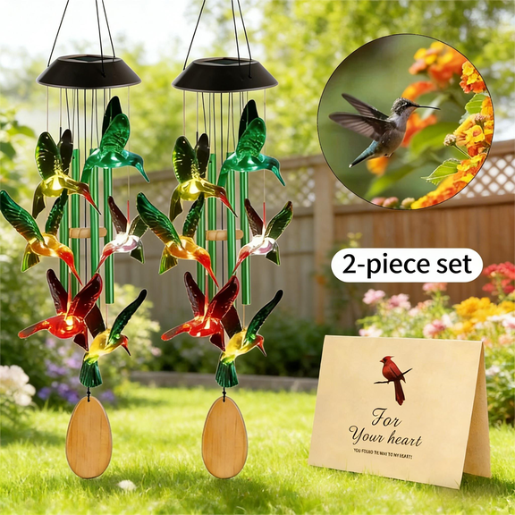 2 piece set Color-Changing Solar Hummingbird Wind Chime -Patio Deck Yard Garden Home Deco,Birthday Gift for Mom Grandma dad and mom Gardening Gifts, Yard Decor