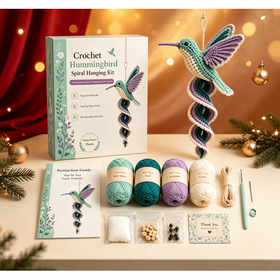 Hummingbird Spiral Hanging Crochet Kit Full DIY Craft Supplies for Christmas Handmade Ornament Comes with Yarn Tools and Detailed Guide (Hummingbird)