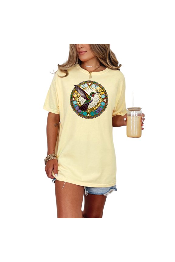 Hummingbird Stained Glass Art T-Shirt, Wildlife Lovers Tee, Nature Inspired Clothing, Unique T-Shirt Gift, Colorful Bird Design Top, Butter Comfort Colors T-Shirt, XL