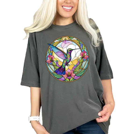 Hummingbird Stained Glass Art Tshirt, Colorful Bird Graphic Tee, Nature Lover Gift, Floral Pattern Shirt, Unique Animal Design Top, Pepper Comfort Colors T-Shirt, Small