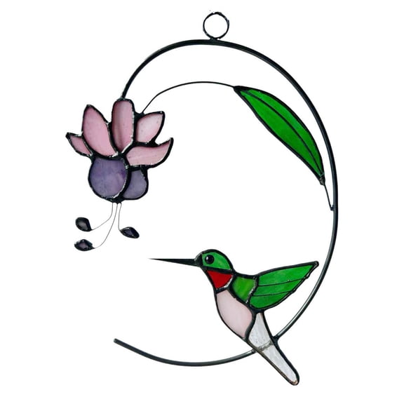 Hummingbird Stained Glass Birds Window Hangings,Handcrafted Hummingbird Suncatcher with Blooming Fuchsia Flower for Window Dcor, Stained Glass Hummingbird Gift for Mom,Bird Lovers