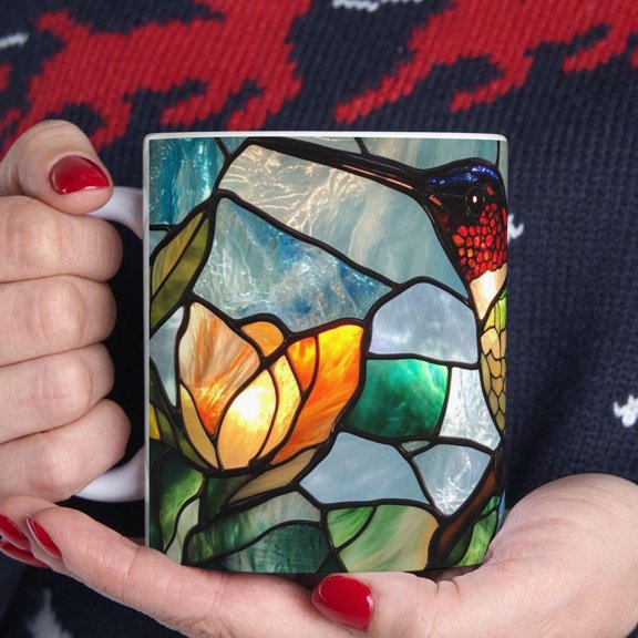 Hummingbird Stained Glass Effect Mug Cup for Bird Enthusiast Artistic Gift for Nature Lover Decorative Hummingbird Coffee Mug Gift Ideas