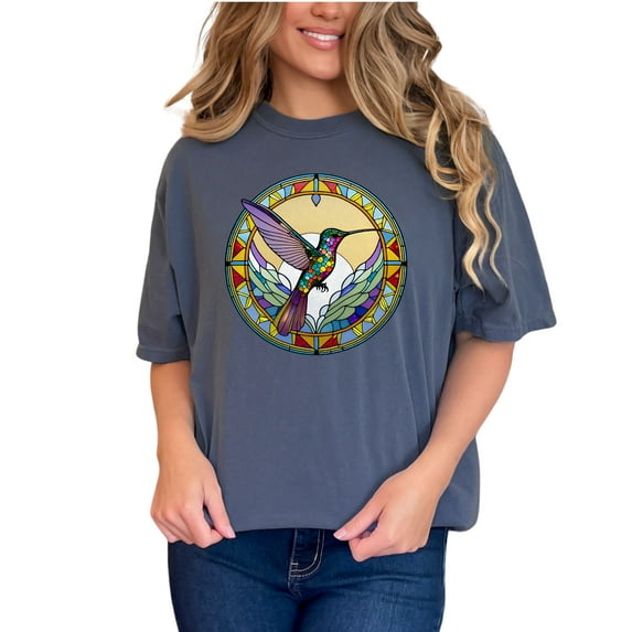 Hummingbird Stained Glass Graphic TShirt, Vibrant Bird Design Tee, Nature Inspired Clothing, Unique Colorful Tee, Artistic TShirt, Denim Comfort Colors T-Shirt, Small