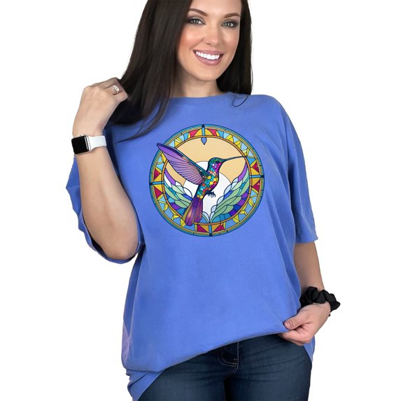 Hummingbird Stained Glass Graphic TShirt, Vibrant Bird Design Tee, Nature Inspired Clothing, Unique Colorful Tee, Artistic TShirt, Flo Blue Comfort Colors T-Shirt, Medium