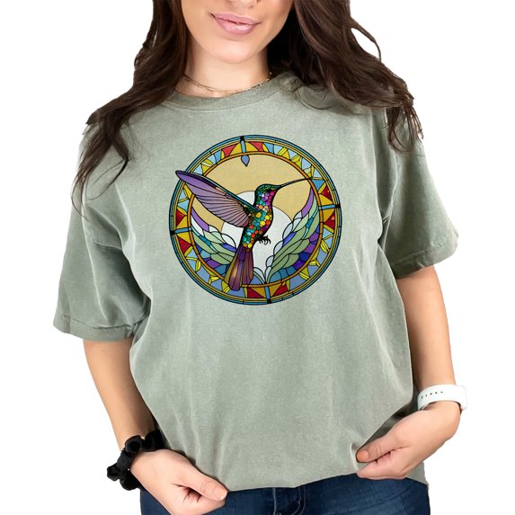 Hummingbird Stained Glass Graphic TShirt, Vibrant Bird Design Tee, Nature Inspired Clothing, Unique Colorful Tee, Artistic TShirt, Moss Comfort Colors T-Shirt, Small