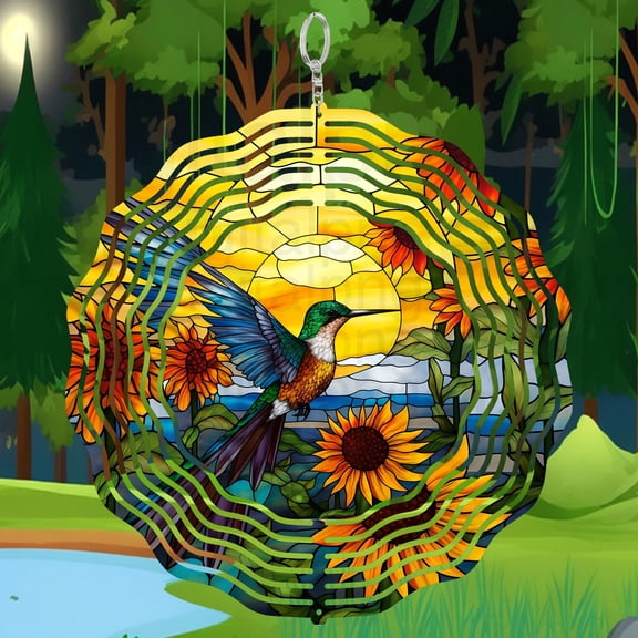 Hummingbird Stained Glass Round 3D Wind Spinner Sublimation Garden Home Decoration