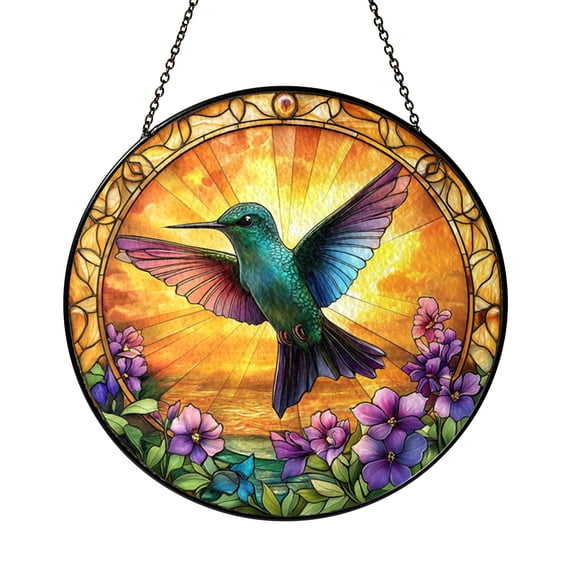 Hummingbird Stained Glass Style Suncatcher, Colorful Floral Gothic Arch Window Hanging Decor, Nature Inspired Decorative Glass Art Panel