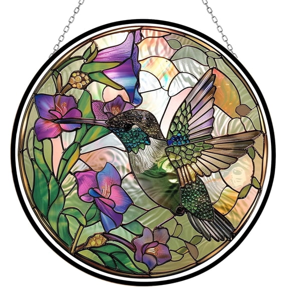 Hummingbird Stained Glass Sun Catcher with Mountain Stained Glass Window Hanging, Suncatchers for Windows Hanging, Lavender Wall Decor, for Women/Friends/Lover
