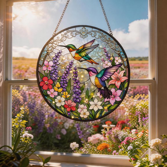 Hummingbird Stained Glass Suncatcher, Colorful Bird Window Hanging, Floral Garden Sun Catcher, Gift for Mom Grandma, Spring Home Decor