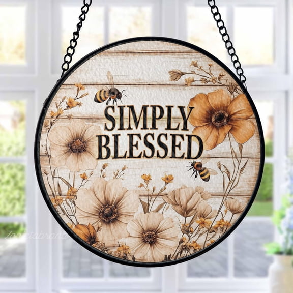 Simply Blessed Stained Glass Suncatcher Metal Outdoor Decor Farmhouse Floral Rustic Whitewash Cream Orange