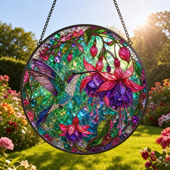 Hummingbird Stained Glass Suncatcher Window Hanging Gift for Mom or Garden Lovers