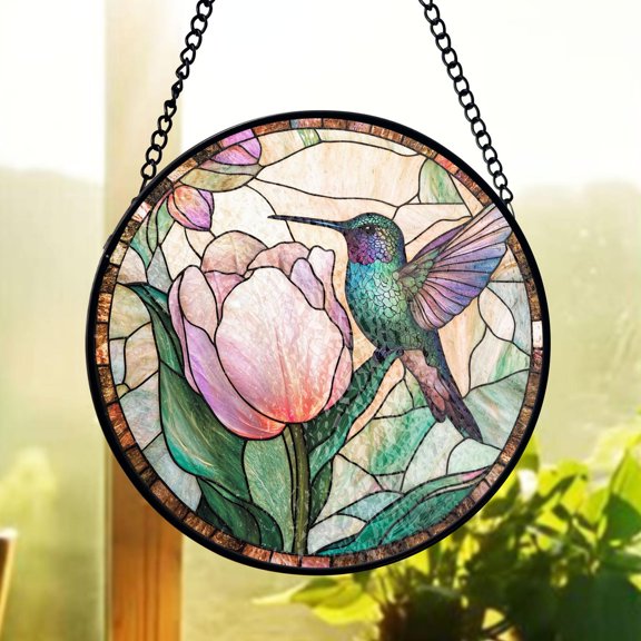 Hummingbird Stained Glass Suncatcher With Tulip, Bird Lover Window Hanging,Nature Inspired Sun Catcher,Garden Decor Floral Gift, Spring Art