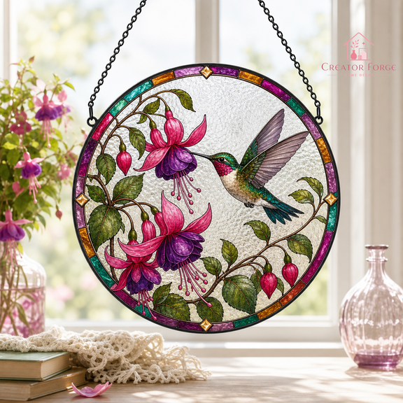 Hummingbird Stained Glass Suncatcher with Fuchsia Flowers Window Gift