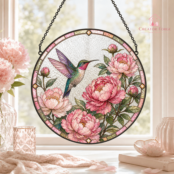 Hummingbird Stained Glass Suncatcher with Peonies, Floral Window Hanging Gift