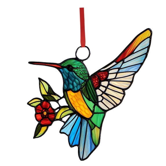 Hummingbird Stained Glass Window Hanging Suncatcher Colorful Glass Panel with Chain Decorative Bird Sun Catcher Ornament for Kitchen Living Room Porch Garden Gift