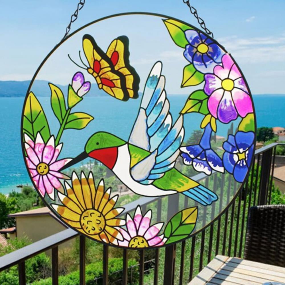 Stained Glass Panel with Hummingbird and 3D Flower, Window Hanging, Wall Decor cheapest or Patio Decor, Stain Glass Panel, Hostess Cottagecore Gift