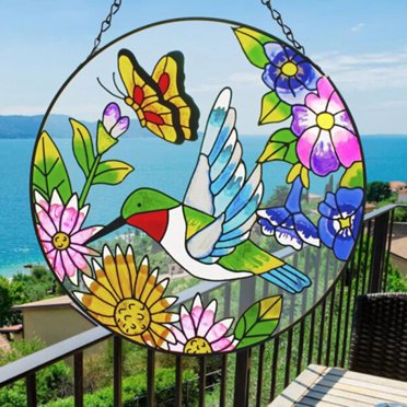 15" X 10" Hummingbird Stained Glass Window Hanging Mothers Day Handcrafted Big Suncatcher Bird Flowers Glass Panels Rectangular Decor For Wall