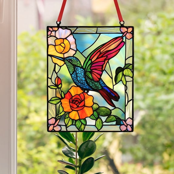 Hummingbird Stained Glass Window Pendant, One Day Sun Catcher for Window Decor, Handmade Glass Art for Home, Colorful Bird Suncatcher with Suction Cup, Gift Idea