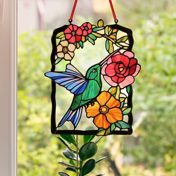 Hummingbird Stained Glass Window Pendant, One Day Sun Catcher for Window Decor, Handmade Glass Art for Home, Colorful Bird Suncatcher with Suction Cup, Gift Idea