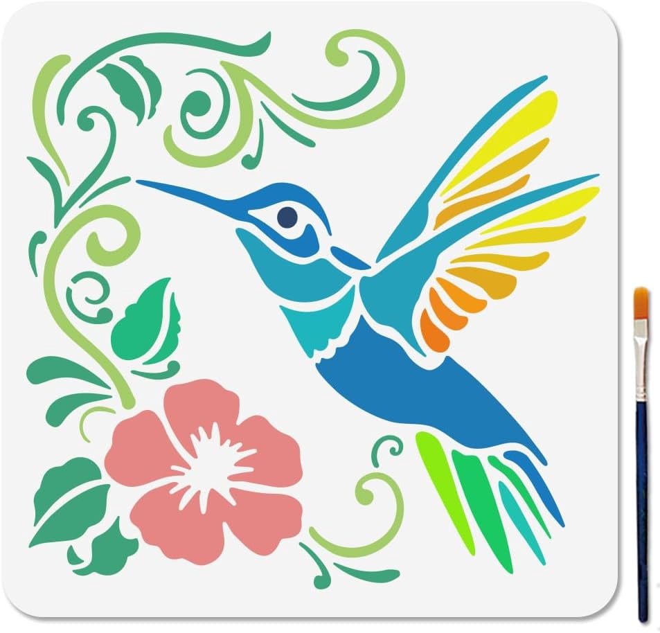 Hummingbird Stencil Hibiscus Flower Bird Stencils 11.8×11.8inch ...