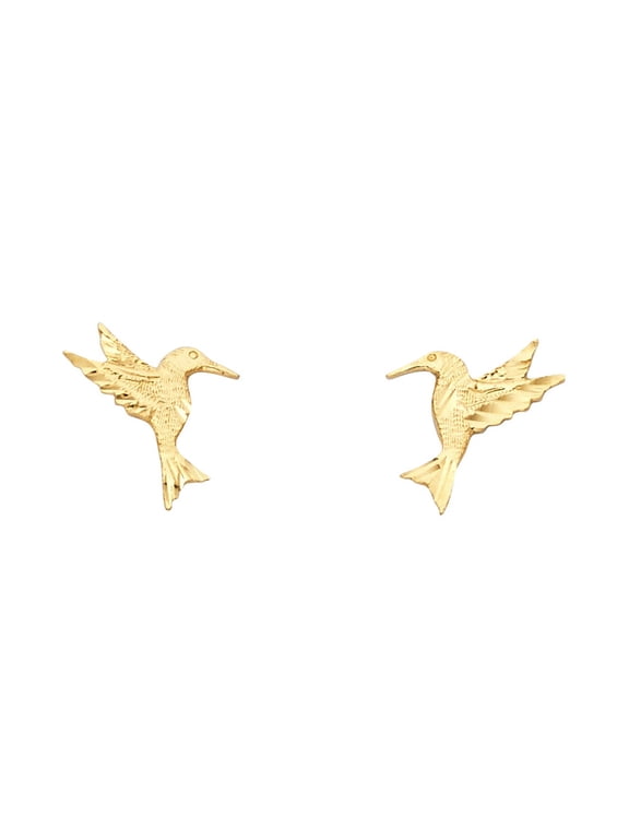 Hummingbird Stud Earrings Solid 14k Yellow Gold Bird Studs Diamond Cut Polished Design 12 x 11 mm