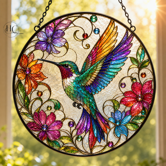Hummingbird Suncatcher Floral Stained Glass Window Hanging Gift for Mom or Grandma