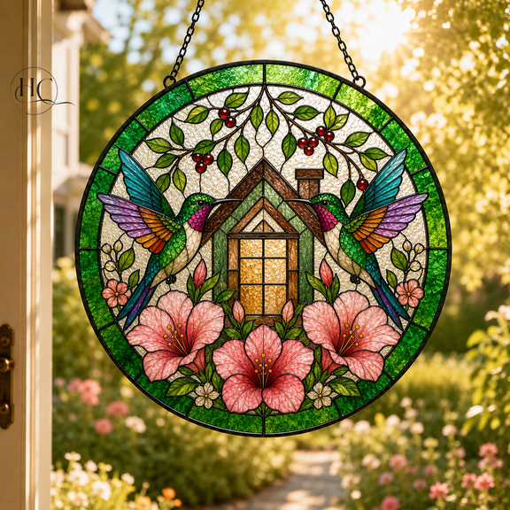 Hummingbird Suncatcher Floral Stained Glass Window Hanging for Housewarming Gift