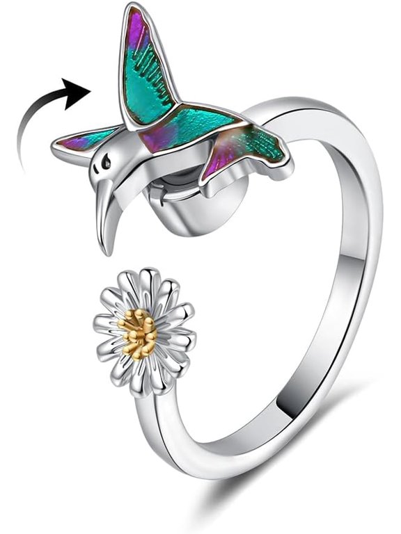 Hummingbird Sunflower Adjustable Rotating Fidget Ring for Anxiety Relief Sterling Silver Plated Cute Daisy Design Cubic Zirconia Trendy Stackable Stress Relief Jewelry for Women Daughter Graduation